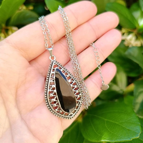 Handmade women's stainless steel necklace with teardrop pendant and black enamel new