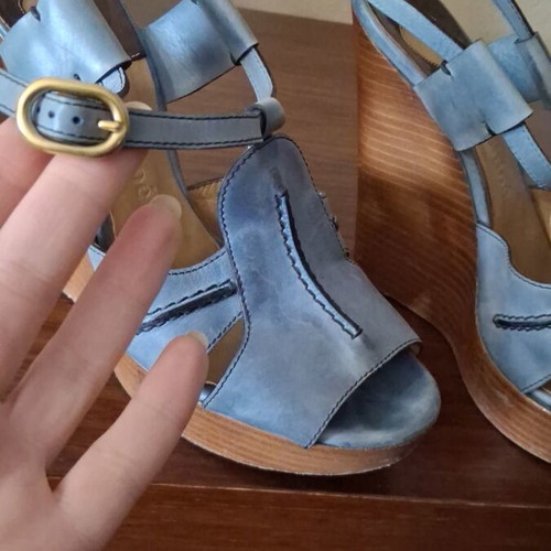 Chloe leather platform sandals used, blue and brown