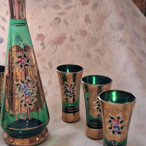 Vintage wine or ouzo serving set, like new, emerald crystal with gold