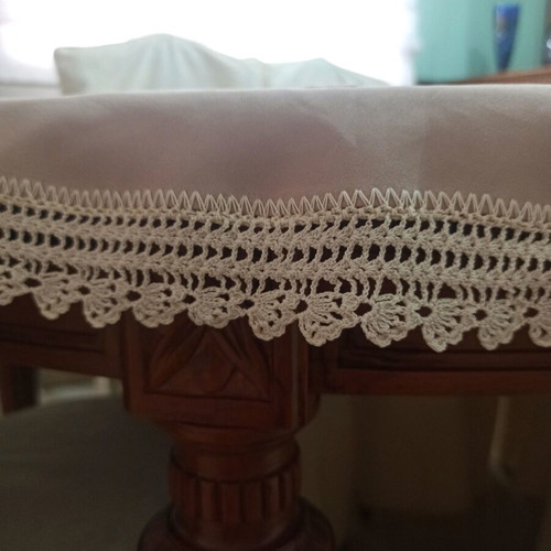 Tablecloth with lace used, embroidered floral design, beige