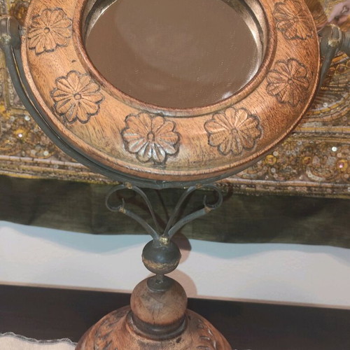 Wooden carved rotating tabletop mirror used vintage