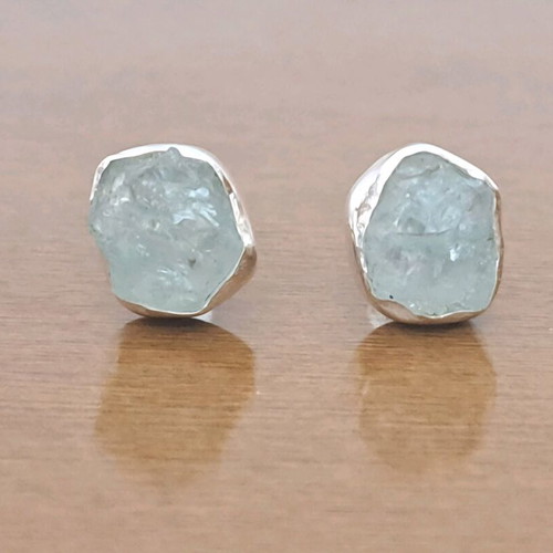 Silver Earrings 925 with Raw Aquamarine Stones Handmade