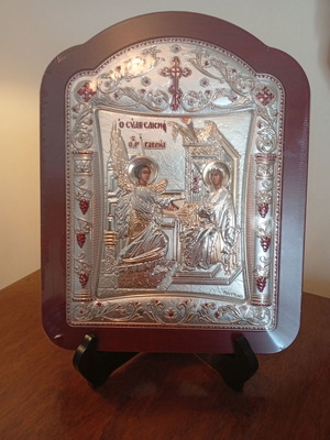 Annunciation of the Theotokos silver icon new, Byzantine art replica