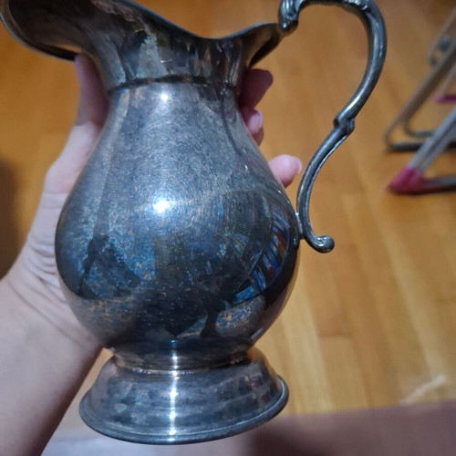 Vintage Lambros Metal Pitcher with Embossed Handle and Classic Curve