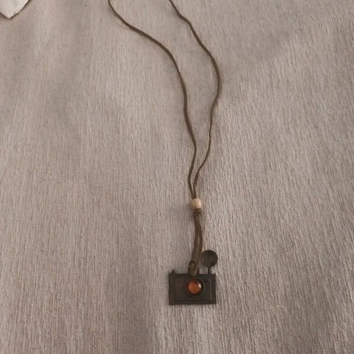 Vintage necklace with camera design used, wooden bead and amber stone