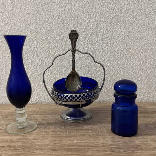 Cobalt blue glass set used with English sugar bowl