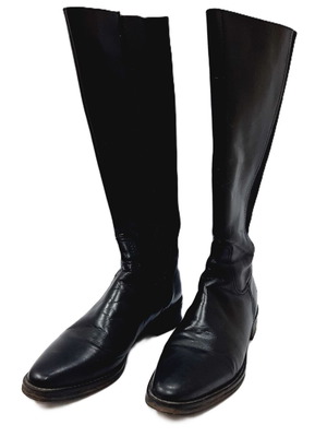 Black leather boots with side zipper and elastic panel, size 38