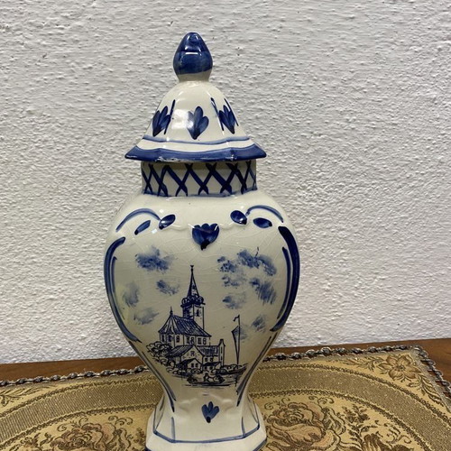 Delft Dutch porcelain urn used, hand-painted with cobalt colors