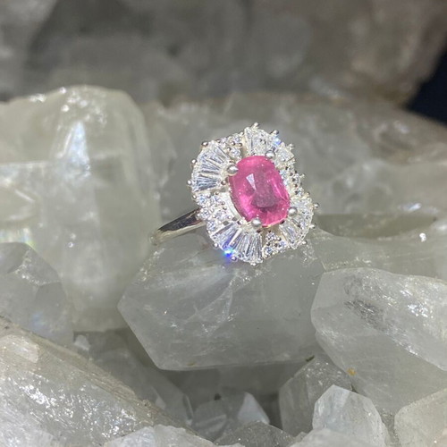 Silver ring with natural pink tourmaline and moissanites, new