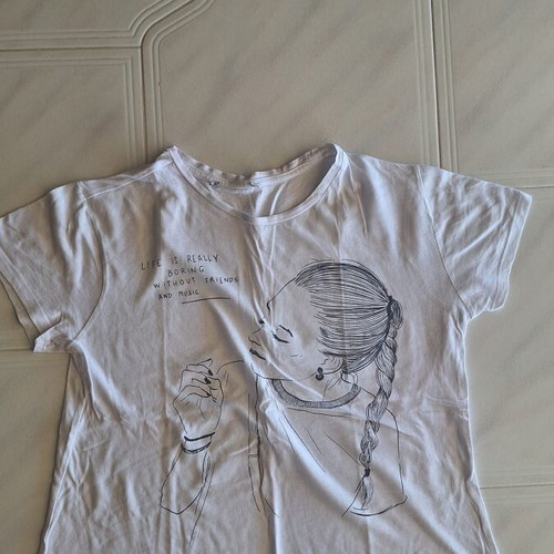Zara Kids White T-shirt with Sketch and Message, Like New, Size 13-14 Years