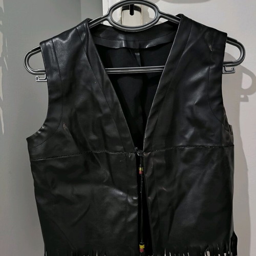 Black faux leather sleeveless vest with fringes like new