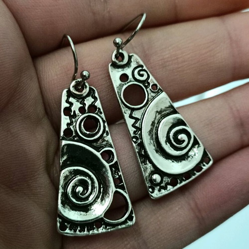 Ethnic women's embossed dangle earrings with oxidation finish steel new