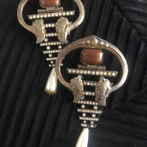 Vintage statement earrings like new, gold and silver with crystals and pearl