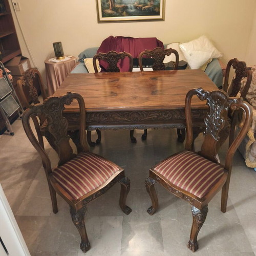 Vintage carved handmade dining table, solid walnut 1952
