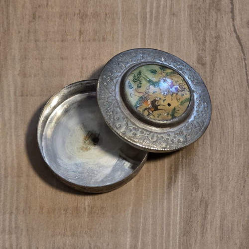 Vintage Persian Handmade Metal Jewelry Box used with Handpainted Mother of Pearl Miniature