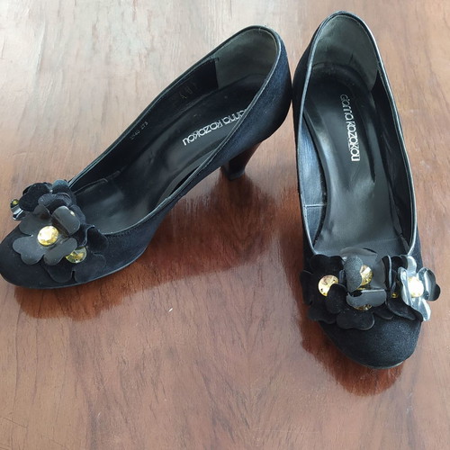 Gianna Kazakou Black Suede Leather Heels With Flowers Used, 5 Cm Heel Size 38