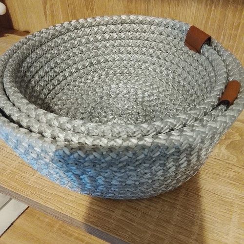 Set of 3 decorative fabric storage baskets with leather details, new