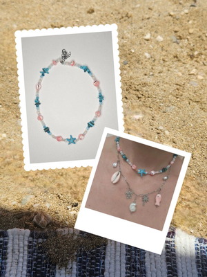 Summer Memories Necklace with Starfish, Pink and Turquoise, New