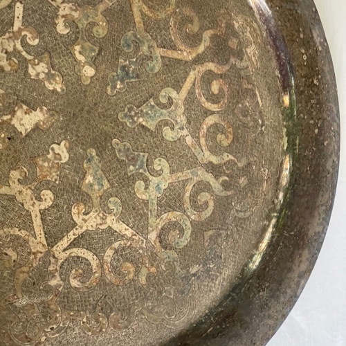 Large serving tray used with Arabic design and patina
