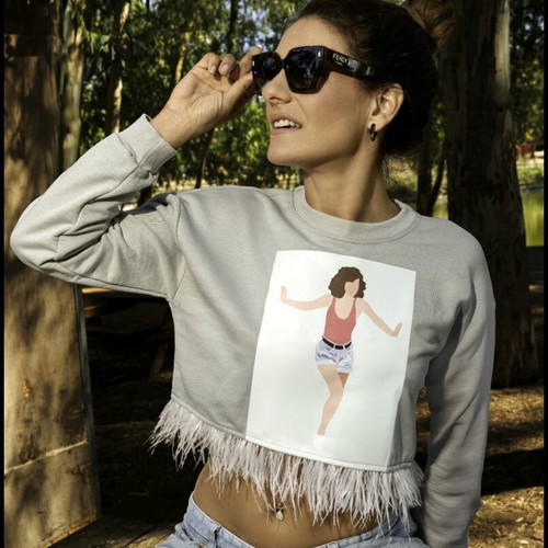 Crop sweatshirt with Dirty Dancing print and feathers, new, grey