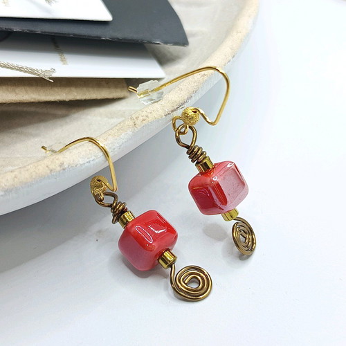 Vintage earrings with red ceramic beads and hematite, new