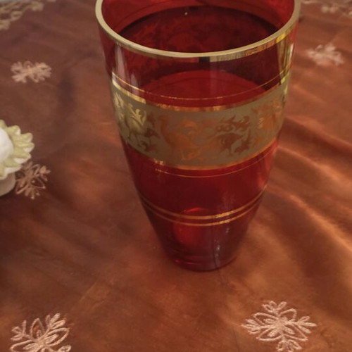 Ruby Glass Vase with Gold Ornament by Jan Gabrhel like new, 1960s