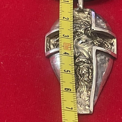 Stavros pendant with Christ depiction silver mass handcrafted used with leather cord