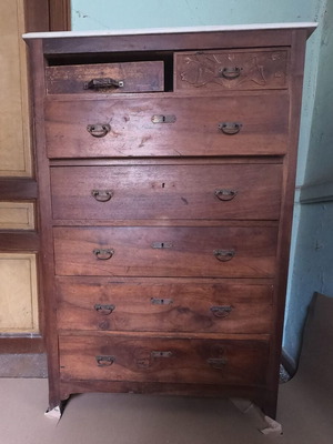 Tall vintage wooden chest of drawers with marble top, 7 drawers