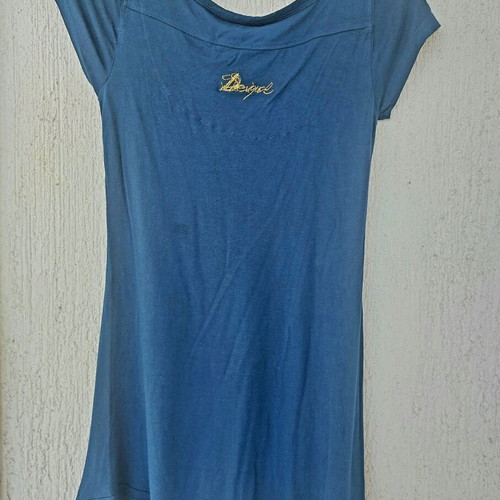 Desigual vintage stretch blouse with turquoise circle print, size small
