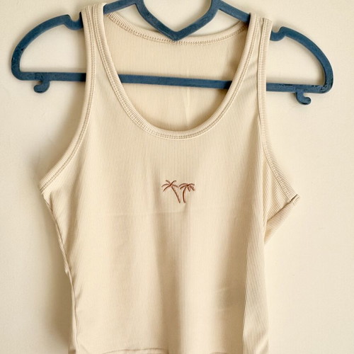 Shein Ribbed Beige Crop Tank Top M New with Palm Tree Embroidery