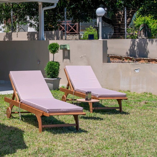 Wooden garden sun loungers with cushions, like new, set of 2