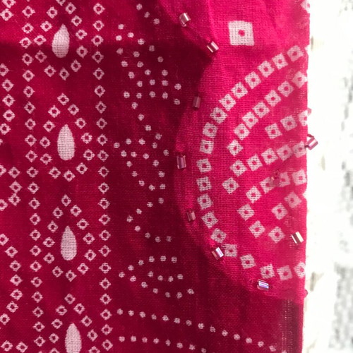 Large scarf like new, burgundy fuchsia pink with flowers and beads, cotton