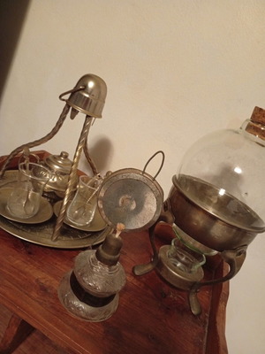 Vintage tea tray used with oil lamp and warming container