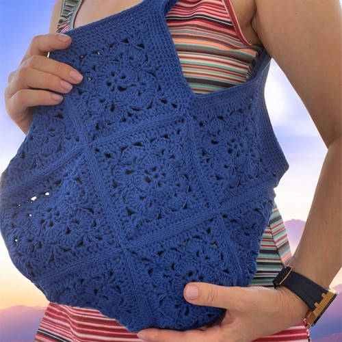 Handmade crochet granny square shoulder bag blue new