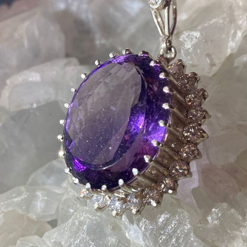 Silver pendant with large cut natural amethyst stone and moissanites, new
