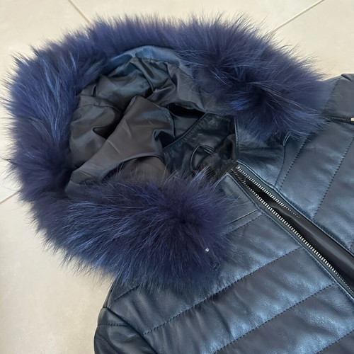 Leather 100% coat with hood like new, blue