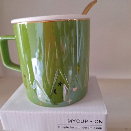 Mug 370 ml with spoon and lid, new