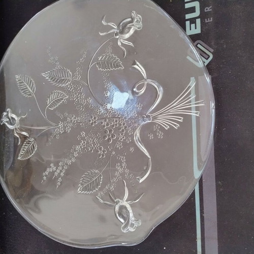 Glass snack platter used with embossed rose design, 31.5 cm diameter