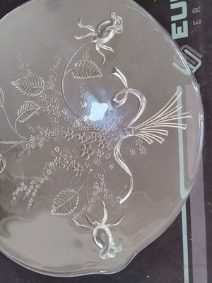 Glass snack platter used with embossed rose design, 31.5 cm diameter