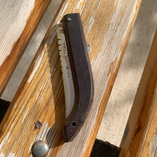 Large handmade folding knife with engraved name used