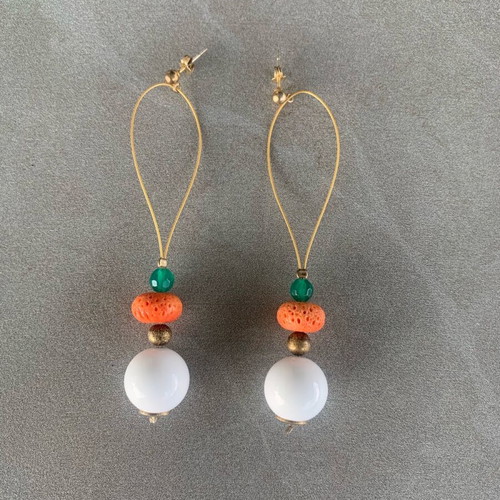 Long beaded summer earrings like new, white and orange