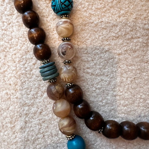 Long handmade necklace with wooden beads in brown and turquoise, like new