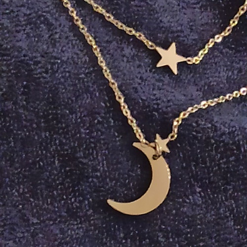 Steel necklace new with double chain and crescent moon detail