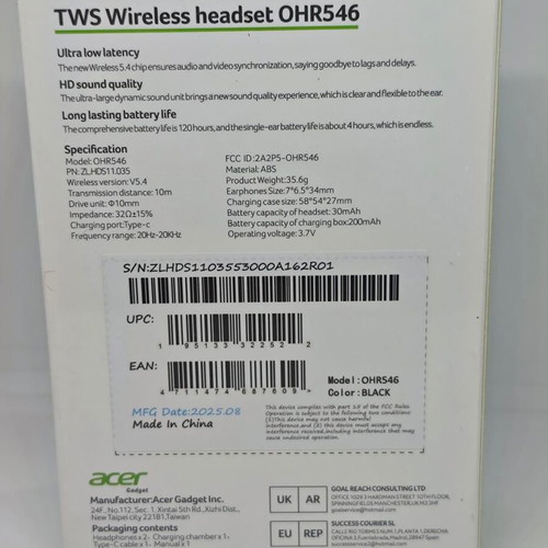 Acer TWS Wireless Headset OHR546 new, black