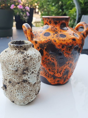 Pair Small Midcentury Fat Lava Vases used, orange twin-handle & white moon crater