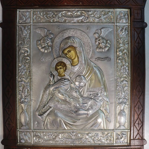Byzantine icon Panagia ton Angelon with silver 950 and carved wooden frame, new