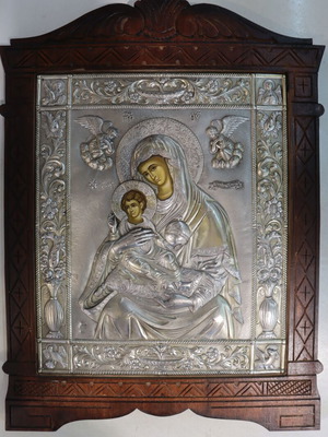 Byzantine icon Panagia ton Angelon with silver 950 and carved wooden frame, new