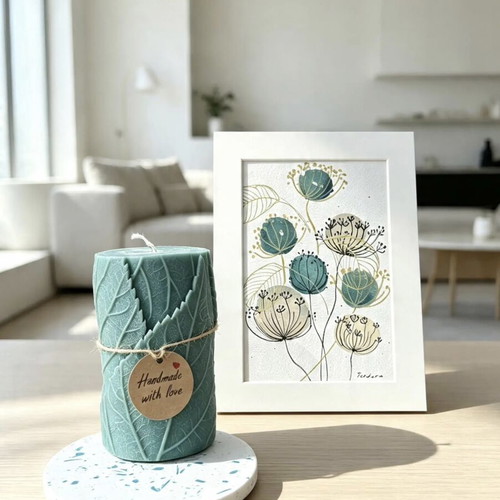Original botanical painting, handmade candle, terrazzo coaster gift set