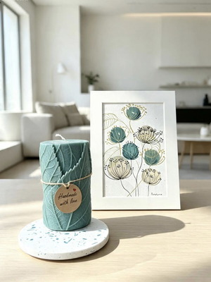 Original botanical painting, handmade candle, terrazzo coaster gift set
