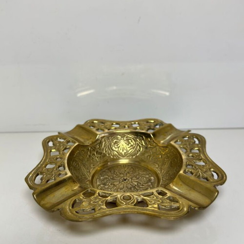 Vintage handmade brass ashtray with floral engravings
